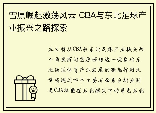 雪原崛起激荡风云 CBA与东北足球产业振兴之路探索